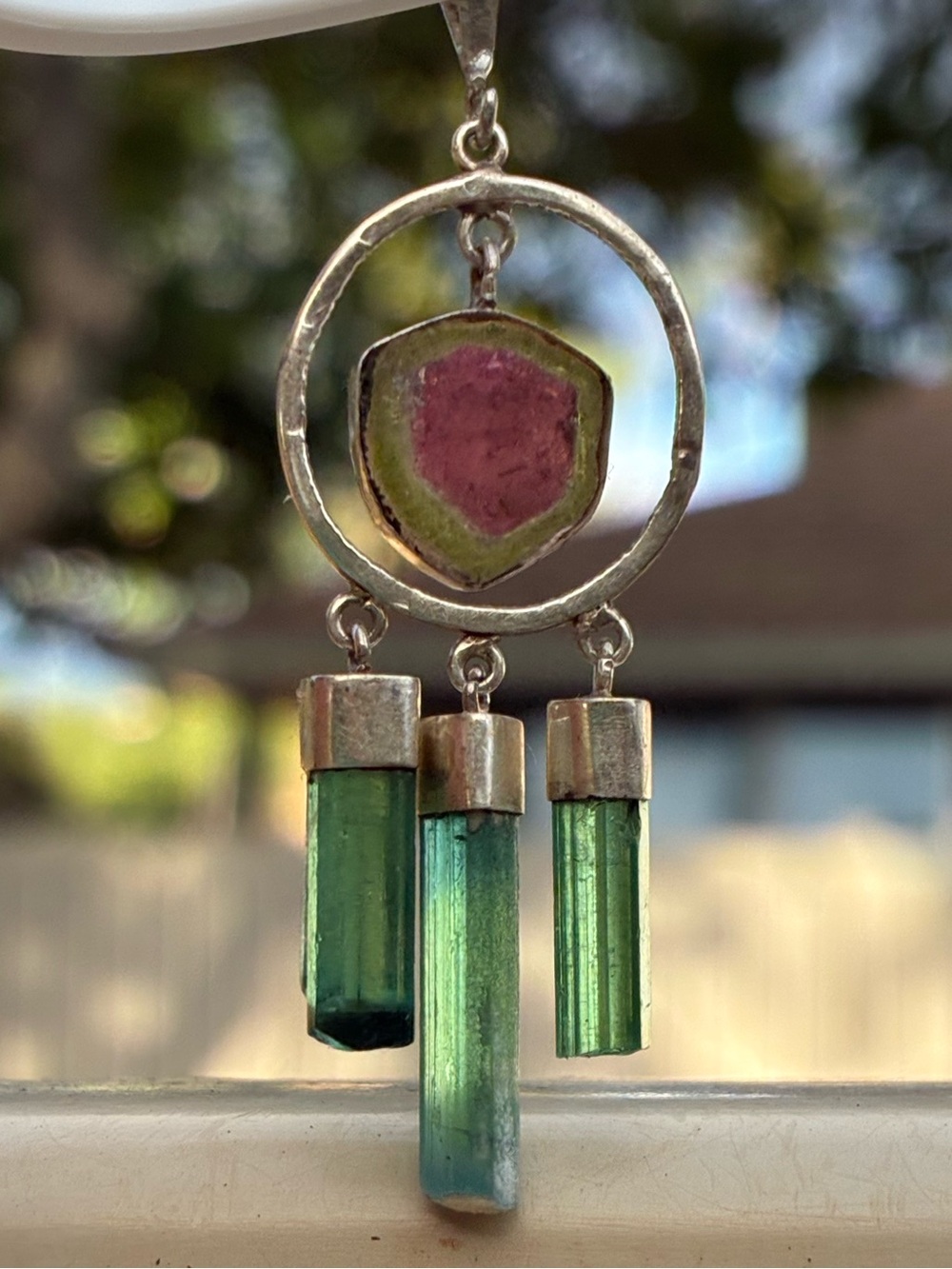 &1200 rare custom made watermelon tourmaline slice pendan